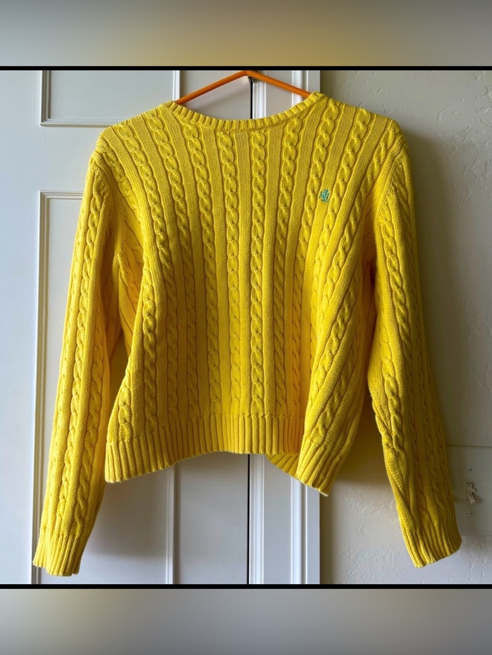 💛 EUC Ralph Lauren Bright Yellow Cable Knit Crewneck Sweater Size Medium
